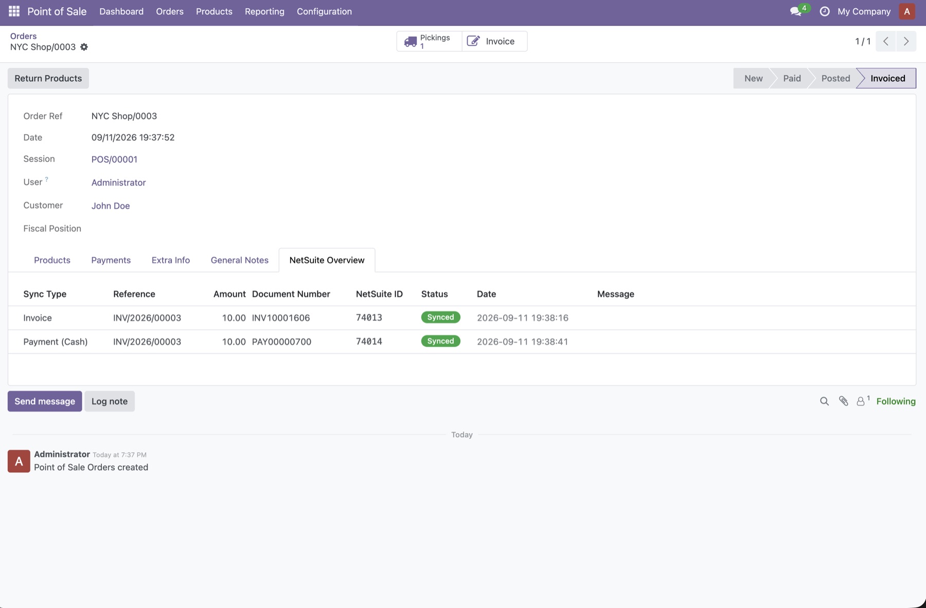 POS order NYC Shop/0003 with its NetSuite Overview tab: invoice and cash payment, both synced