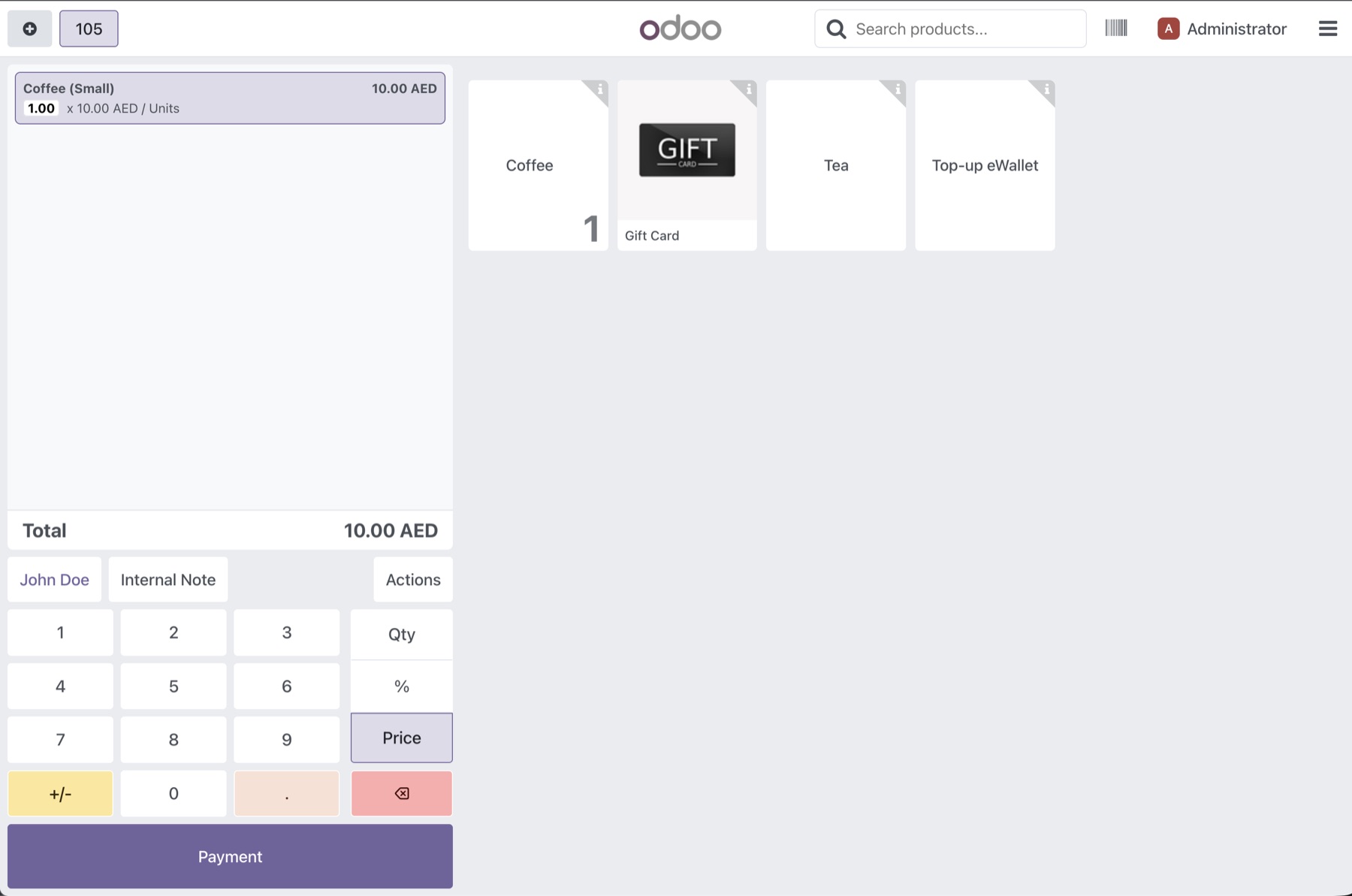 Odoo POS cart with one Coffee line and a total of 10.00 AED