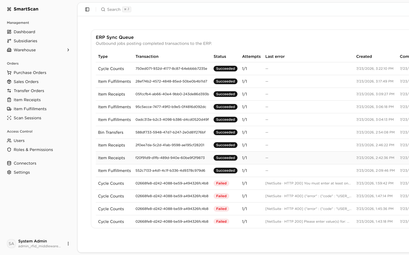 ERP sync queue listing succeeded and failed ERP posts with the error returned
