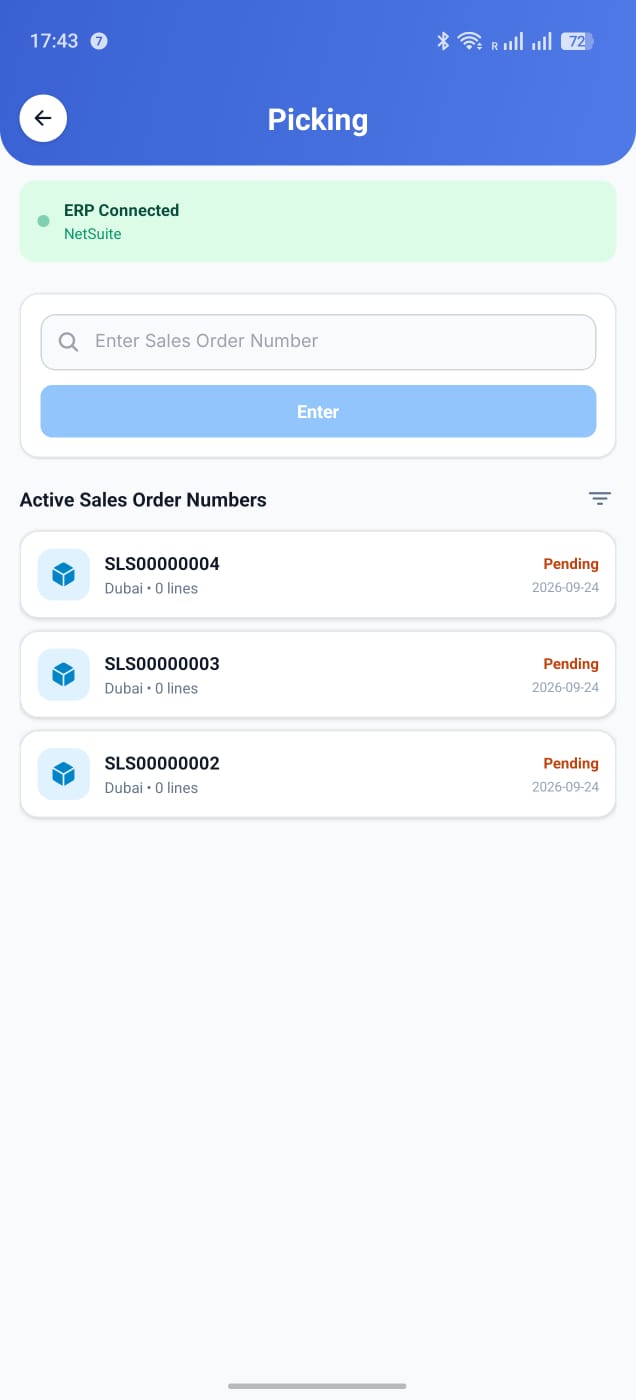 Picking screen listing active sales orders