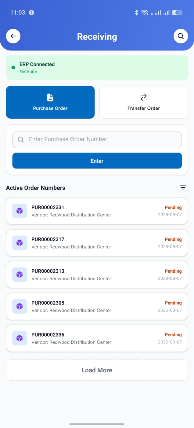 Receiving screen listing pending purchase orders