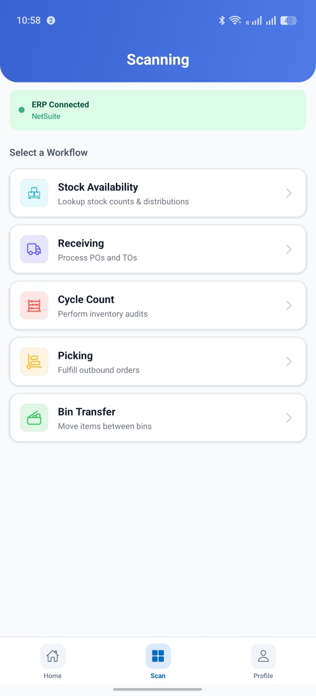 Handheld workflow menu: stock availability, receiving, cycle count, picking, bin transfer
